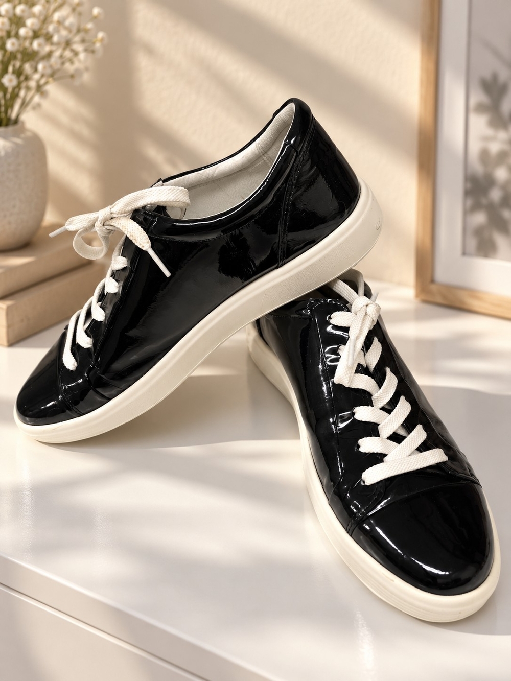 Ecco Black Patent Leather Sneakers with White Laces